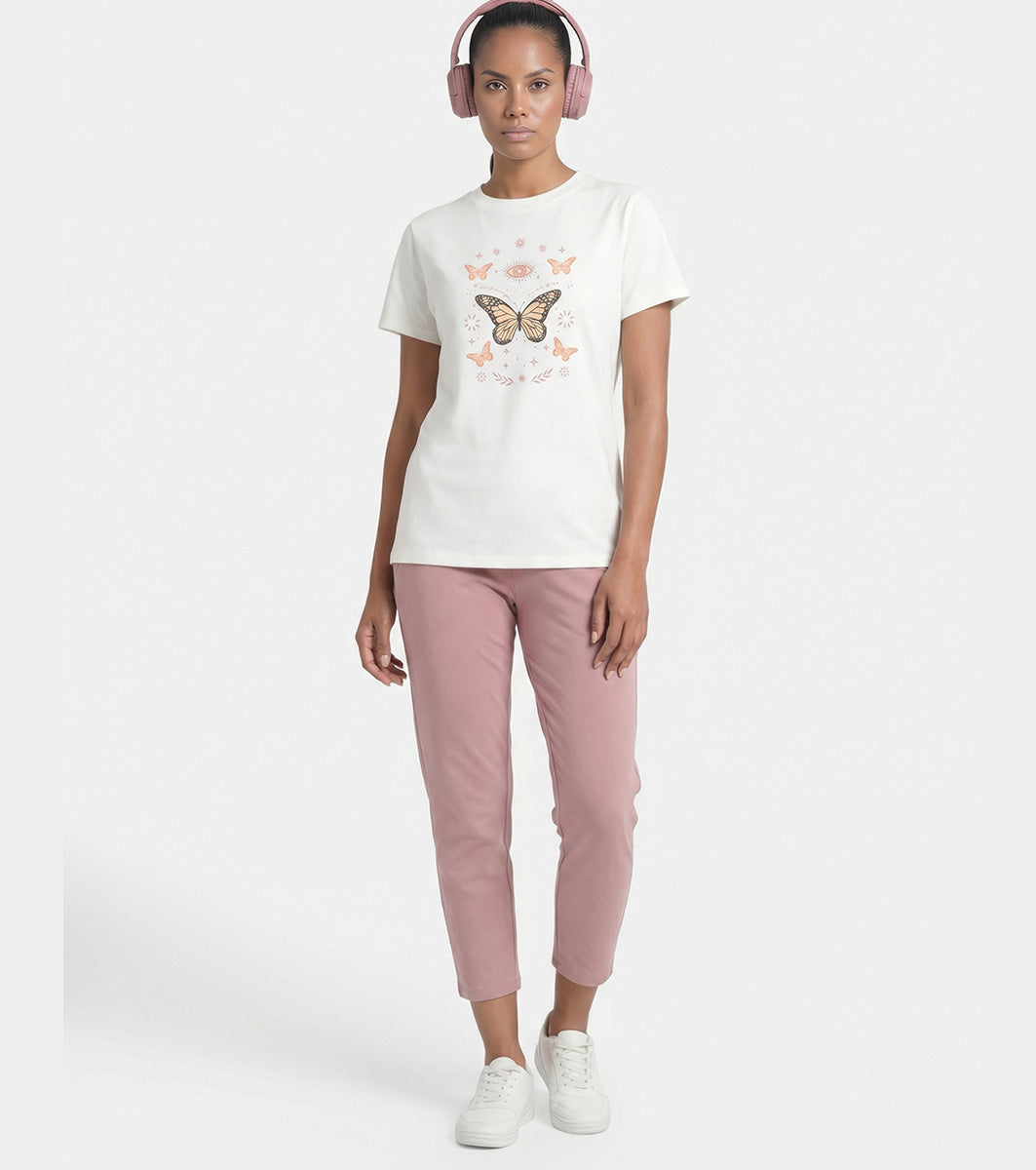 Enamor Short Sleeve Crew Neck Regular Length Cotton Active T-Shirt for Women - Relaxed Fit, Super Soft, Anti-Odour - A301 (Marshmallow/Magic Graphic)