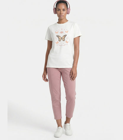 Enamor Short Sleeve Crew Neck Regular Length Cotton Active T-Shirt for Women - Relaxed Fit, Super Soft, Anti-Odour - A301 (Marshmallow/Magic Graphic)