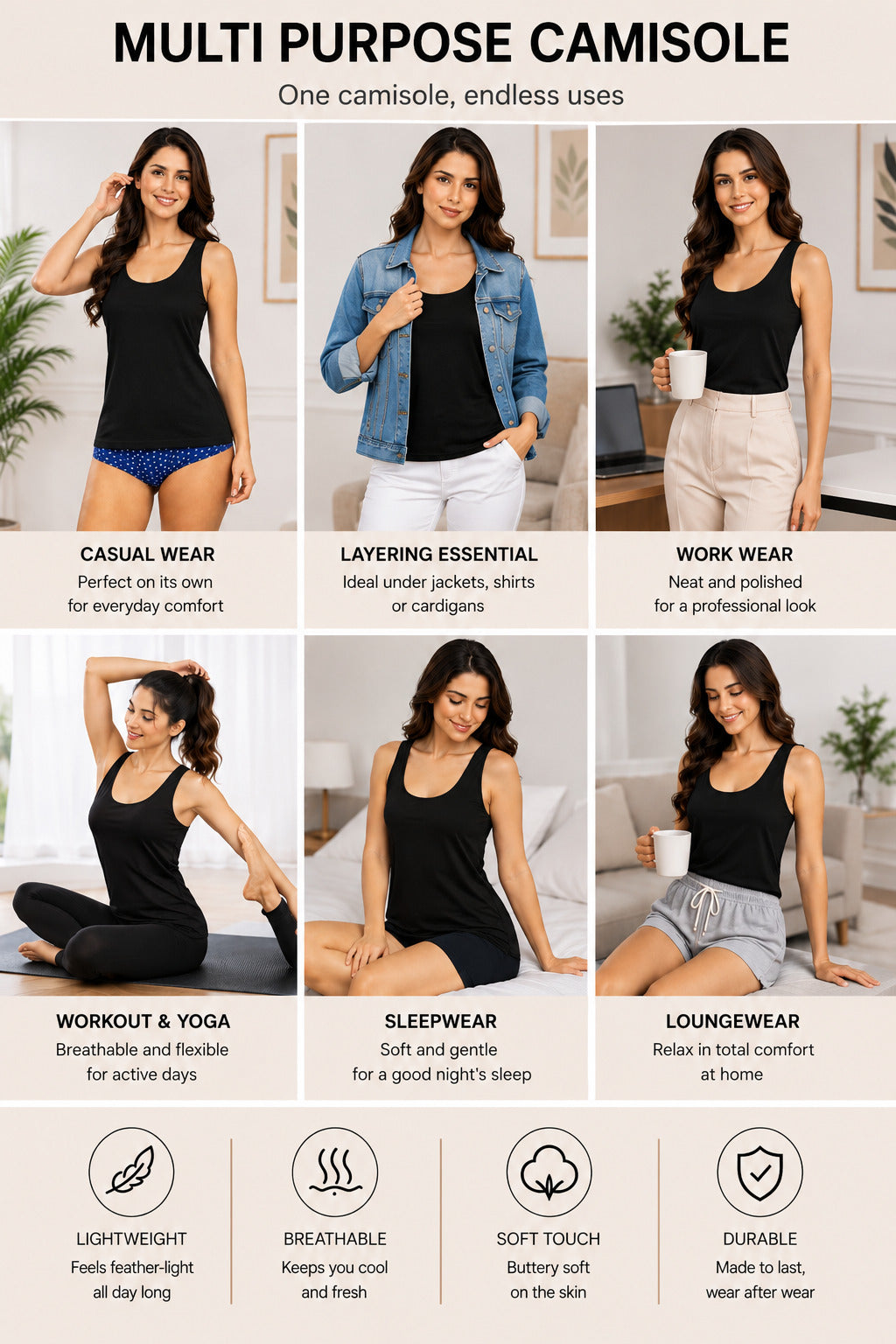 Sania Women’s Cotton Broad Strap Camisole | Soft Breathable Sleeveless Innerwear Tank Top | Stretchable Short Length Camisole for Daily Wear