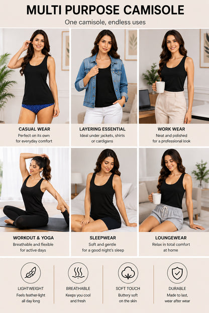 Sania Women’s Cotton Broad Strap Camisole | Soft Breathable Sleeveless Innerwear Tank Top | Stretchable Short Length Camisole for Daily Wear