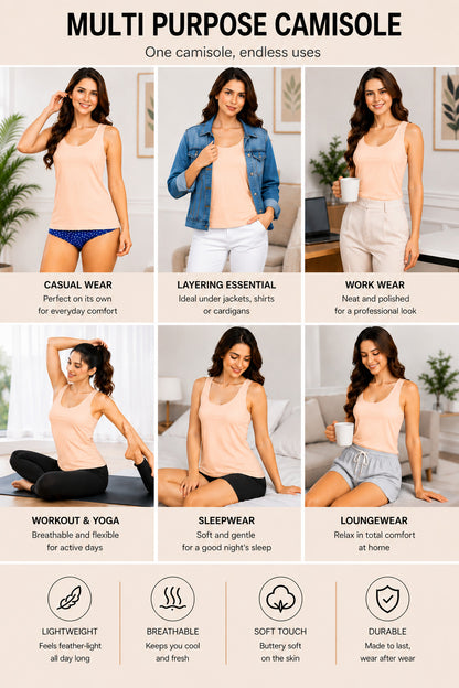 Sania Women’s Cotton Broad Strap Camisole | Soft Breathable Sleeveless Innerwear Tank Top | Stretchable Short Length Camisole for Daily Wear