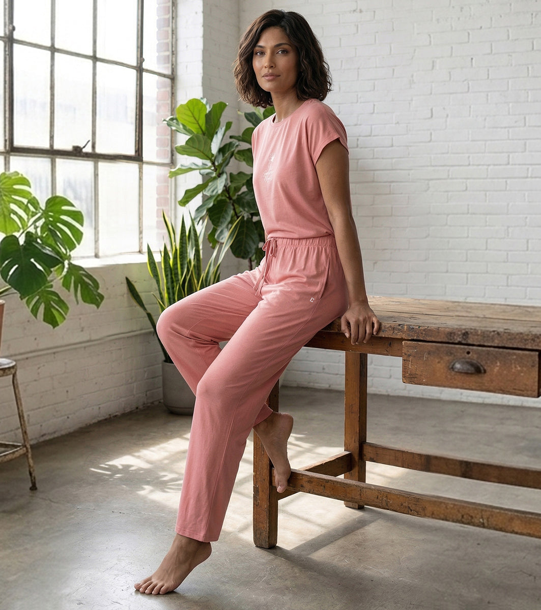 Enamor Mid Rise Regular Length Adjustable Drawstring Basic Home Lounge Pant for Women - Relaxed fit - E404 (Desert Sand)