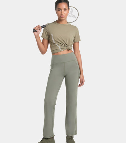 Enamor High Rise Full Length Pull on Boot Cut Active Pant For Women - Relaxed Fit, Quick Dry, Antimicrobial - A402 (Deep Lichen Green)