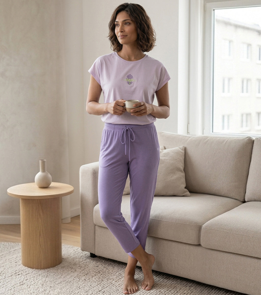 Enamor Mid Rise 7/8th length Drawstring Closure Shop In Pants for Women - Relaxed Fit, Soft & drapey 4-way stretch - E048 (Purple Haze)