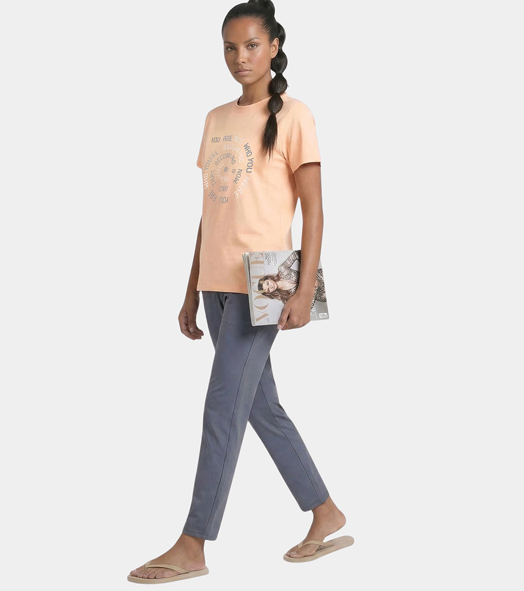 Enamor Short Sleeve Crew Neck Regular Length Cotton Active T-Shirt for Women - Relaxed Fit, Super Soft, Anti-Odour - A301 (Coral Sands/Spiral Graphic)