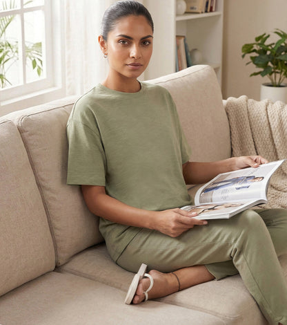 Enamor Oversized Drop Shoulder T-Shirt, 100% Cotton Slub, Oversized Fit - E312 (Deep Lichen Green)