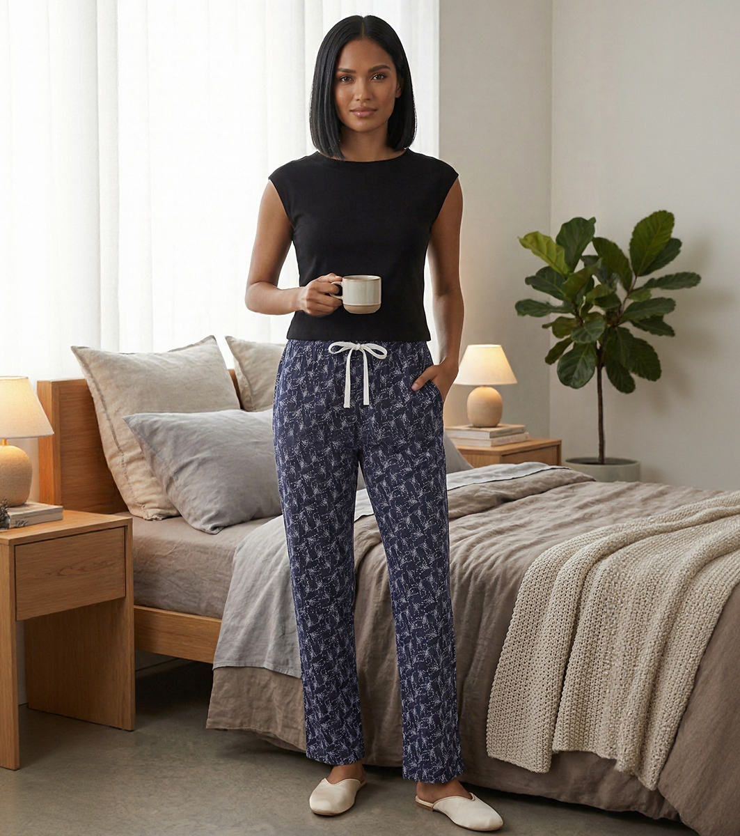 Enamor Mid Rise Full Length Adjustable drawstring Hangout Pant For Women - Relaxed Fit, Combed Cotton - E4A5 (Delicate Floral Print)