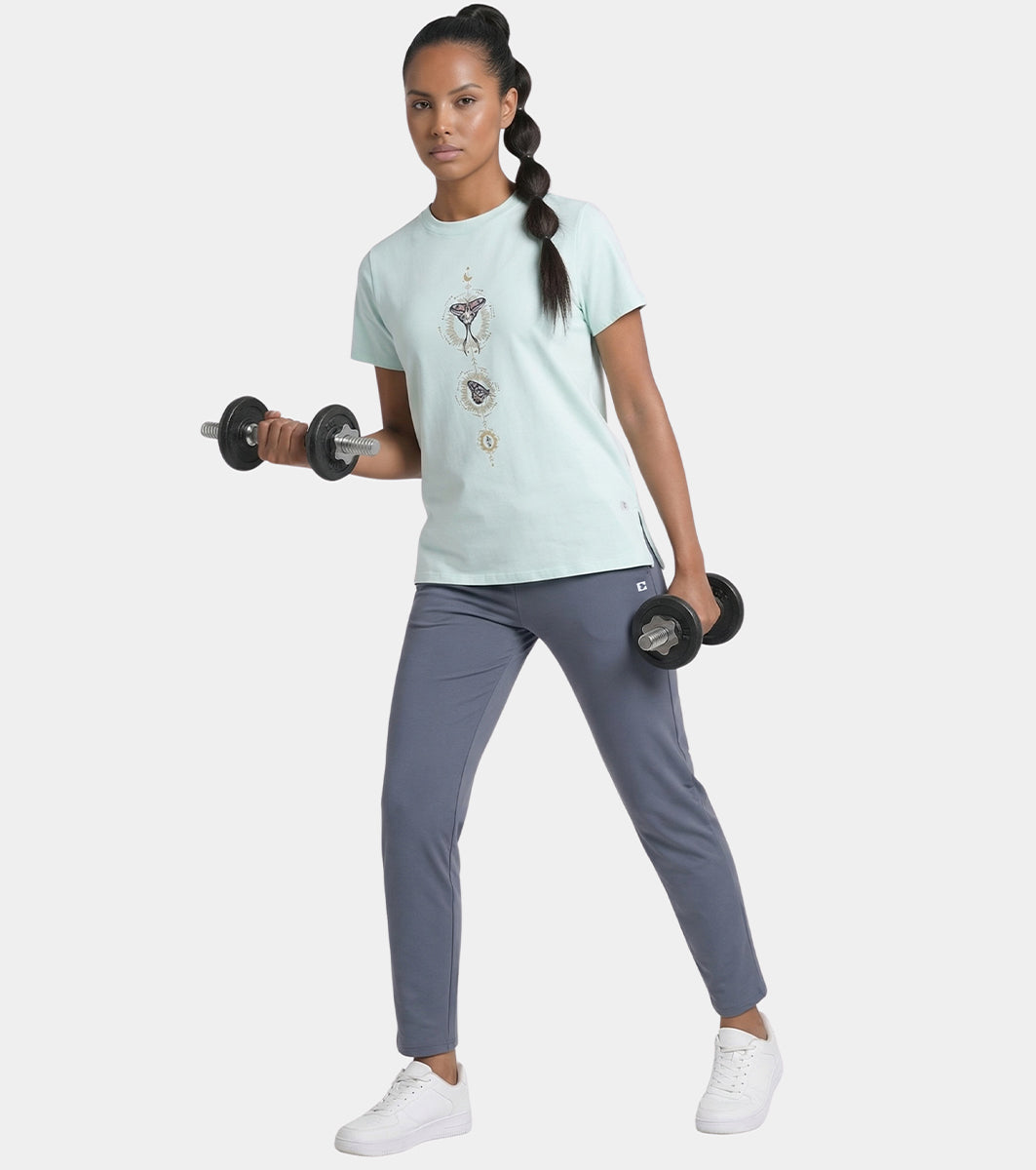Enamor Short Sleeve Crew Neck Regular Length Cotton Active T-Shirt for Women - Relaxed Fit, Super Soft, Anti-Odour - A301 (Dusty Aqua/Vertical Butterfly Graphic)