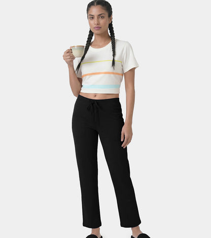 Enamor Mid Rise Regular Length Drawstring Closure Lounge Pants For Women - Slim Fit, Soft and Breathable Stretch Cotton - E014 (Jet Black)