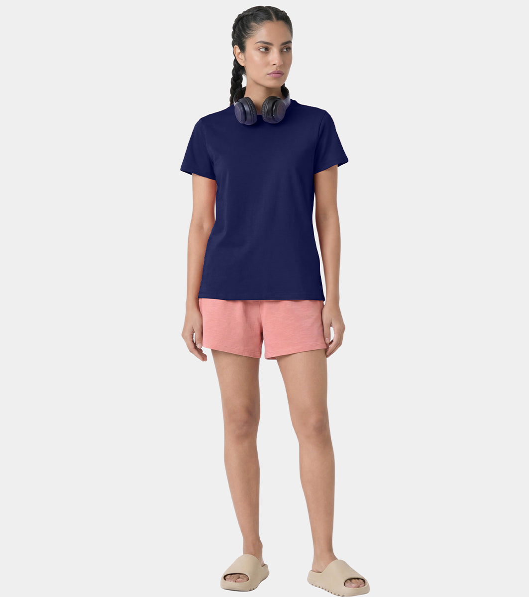 Enamor Pull on Short Sleeve Crew Neck Regular Length Cotton Comfort T-Shirt For Women - Relaxed Fit - E311 (Dark Blue)