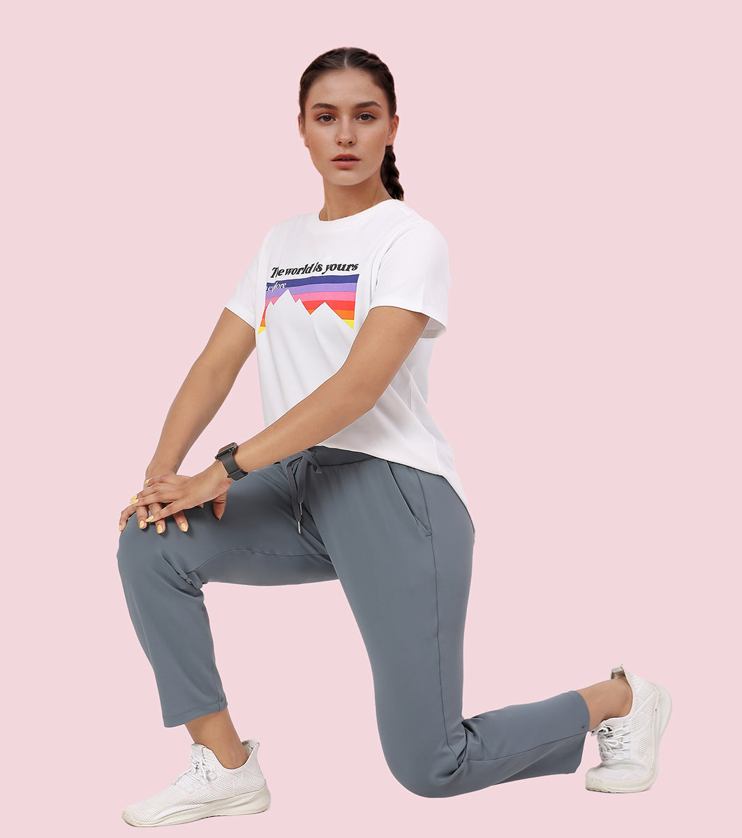 Enamor Mid Rise 7/8th length Drawstring Closure Travel Pants For Women - Relaxed Fit, Quick Dry, Antimicrobial - E068 (Cloud Grey)
