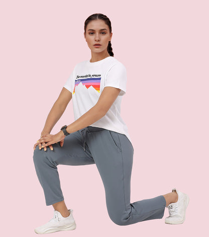 Enamor Mid Rise 7/8th length Drawstring Closure Travel Pants For Women - Relaxed Fit, Quick Dry, Antimicrobial - E068 (Cloud Grey)