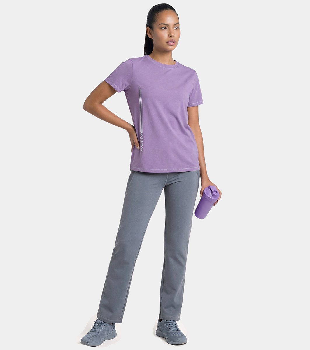 Enamor Short Sleeve Crew Neck Regular Length Basic Dry Fit Workout Crew T-Shirt for Women - Relaxed Fit, Quick Dry, Antimicrobial - A309 (Purple Haze Active Reflective Graphic)