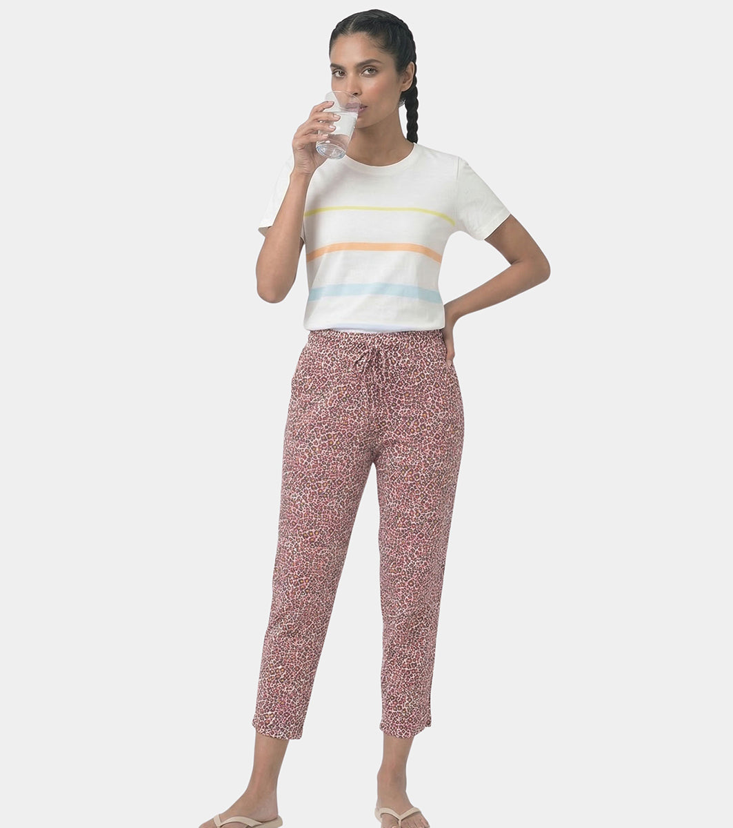Enamor Mid Rise 7/8th length Drawstring Closure Shop In Pants for Women - Relaxed Fit, Soft & drapey 4-way stretch - E048 (Pink Abstract Animal Print)