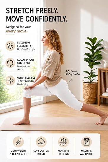 Women’s Cotton Knee Length Cycling Shorts | Stretchable Breathable Biker Gym Yoga Workout Shorts | Mid Waist Athletic Fit