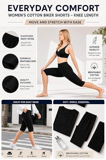 Women’s Cotton Knee Length Cycling Shorts | Stretchable Breathable Biker Gym Yoga Workout Shorts | Mid Waist Athletic Fit