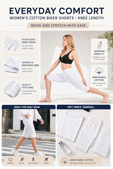 Women’s Cotton Knee Length Cycling Shorts | Stretchable Breathable Biker Gym Yoga Workout Shorts | Mid Waist Athletic Fit