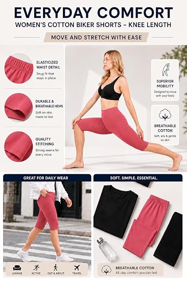 Women’s Cotton Knee Length Cycling Shorts | Stretchable Breathable Biker Gym Yoga Workout Shorts | Mid Waist Athletic Fit