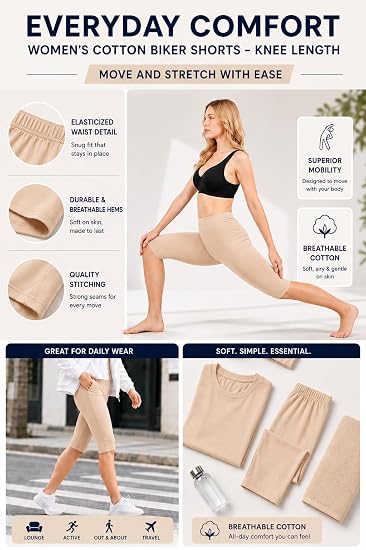 Women’s Cotton Knee Length Cycling Shorts | Stretchable Breathable Biker Gym Yoga Workout Shorts | Mid Waist Athletic Fit