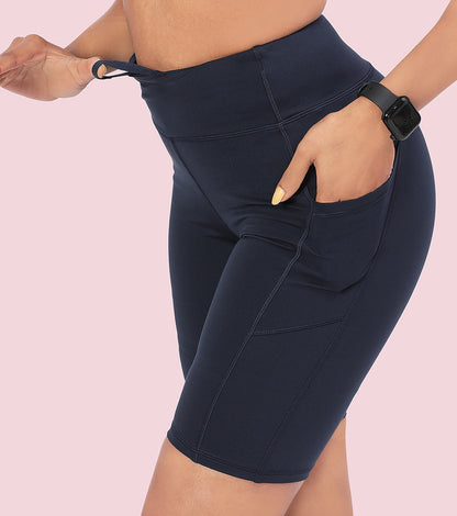 Enamor Knee length High Rise Elasticated Waist Skinny Tights with Pockets For Women - Hugged Fit - A703 (Navy)