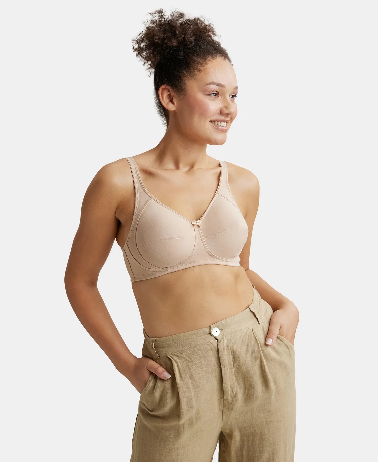 Wirefree Non Padded Super Combed Cotton Elastane Stretch Full Coverage Plus Size Bra with Side Panel Support - Light Skin