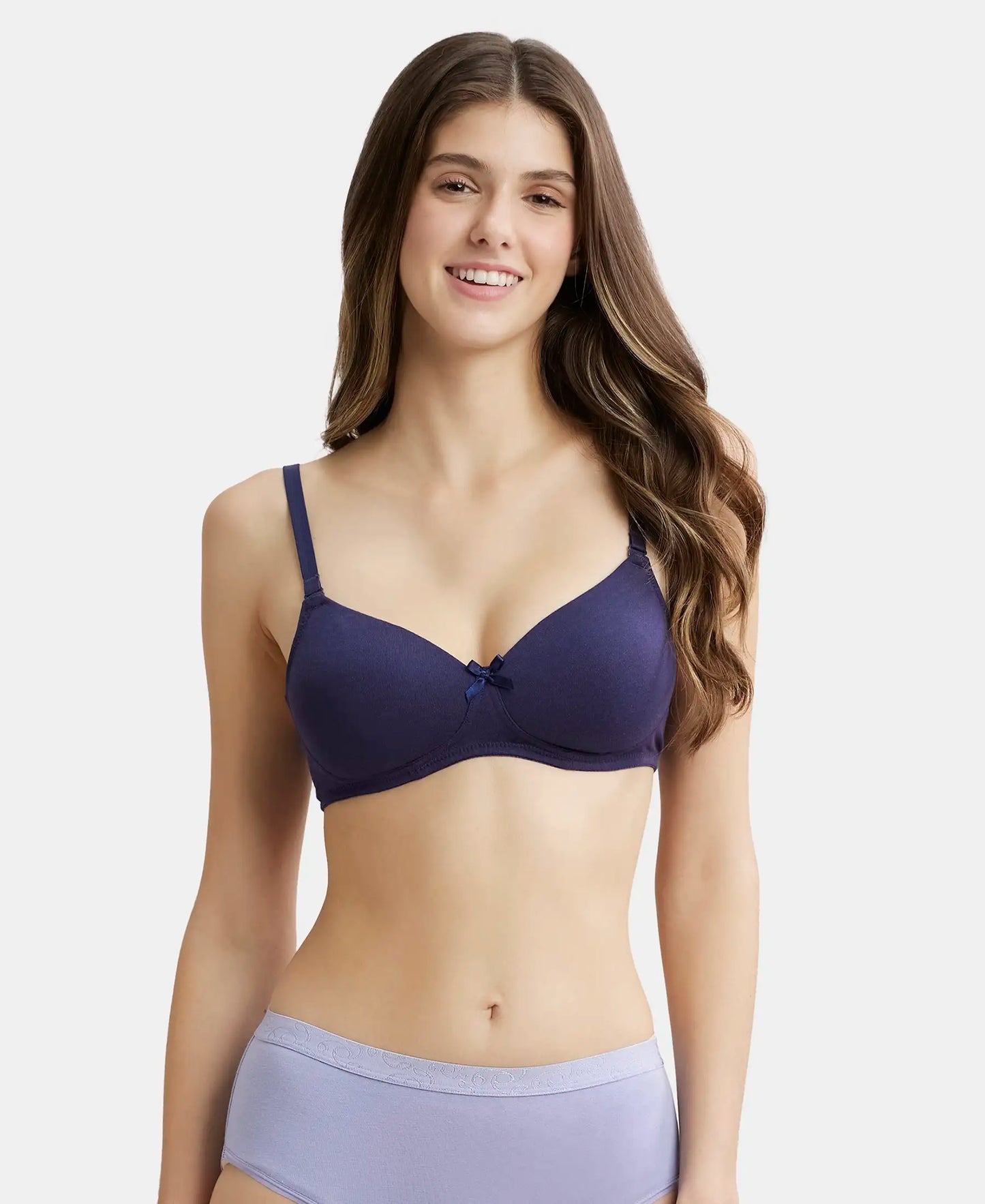 Wirefree Padded Super Combed Cotton Elastane Stretch Medium Coverage T-Shirt Bra with Detachable Straps - Classic Navy