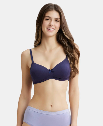 Wirefree Padded Super Combed Cotton Elastane Stretch Medium Coverage T-Shirt Bra with Detachable Straps - Classic Navy