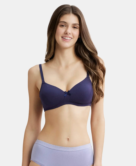 Wirefree Padded Super Combed Cotton Elastane Stretch Medium Coverage T-Shirt Bra with Detachable Straps - Classic Navy
