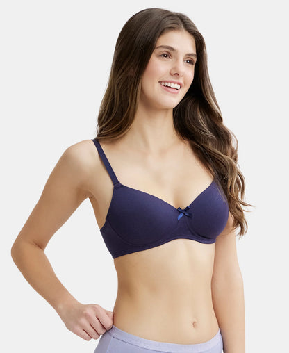 Wirefree Padded Super Combed Cotton Elastane Stretch Medium Coverage T-Shirt Bra with Detachable Straps - Classic Navy