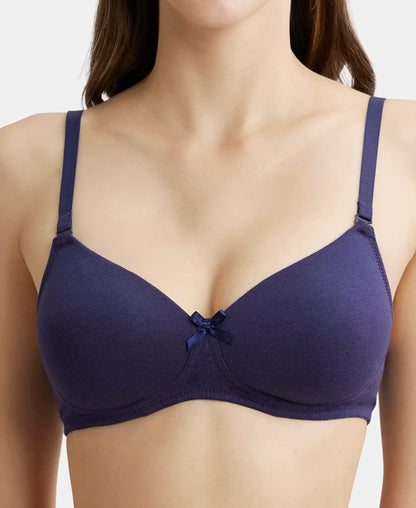 Wirefree Padded Super Combed Cotton Elastane Stretch Medium Coverage T-Shirt Bra with Detachable Straps - Classic Navy