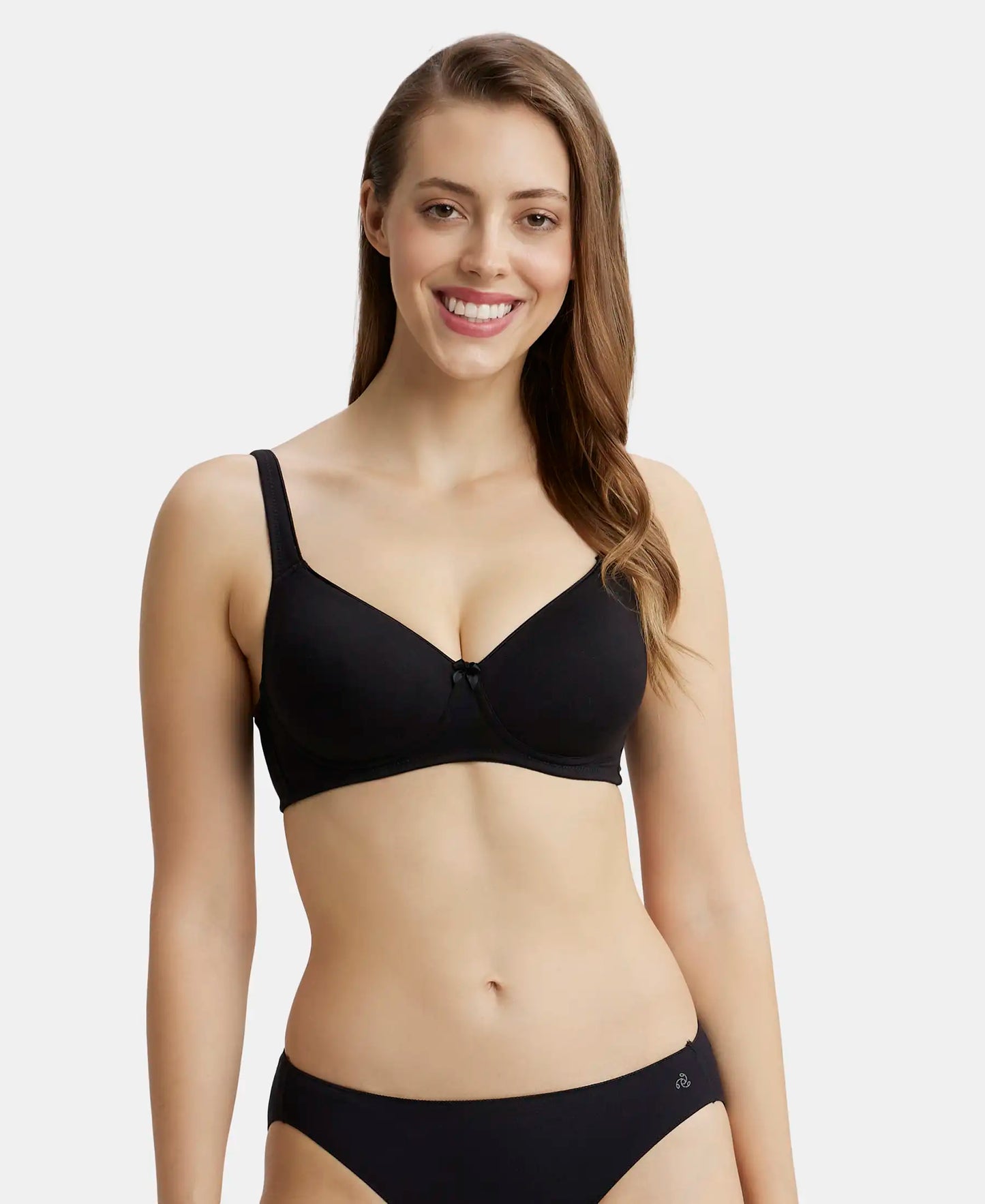 Wirefree Padded Super Combed Cotton Elastane Stretch Full Coverage T-Shirt Bra with Broad Fabric Straps - Black