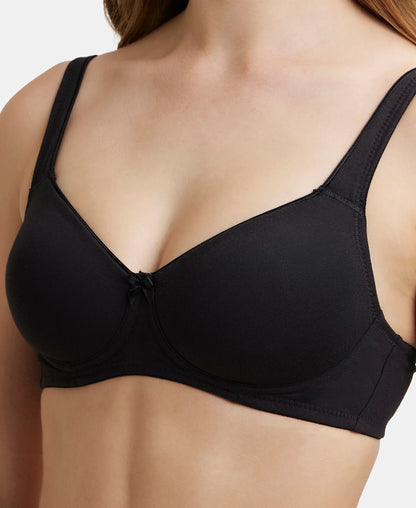 Wirefree Padded Super Combed Cotton Elastane Stretch Full Coverage T-Shirt Bra with Broad Fabric Straps - Black