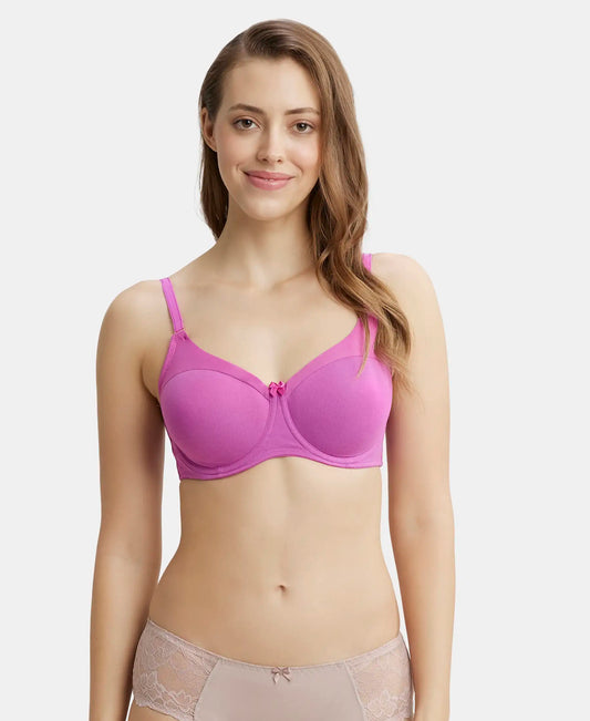 Under-Wired Padded Super Combed Cotton Elastane Stretch Full Coverage T-Shirt Bra with Stylised Mesh Panel - Lavender Scent