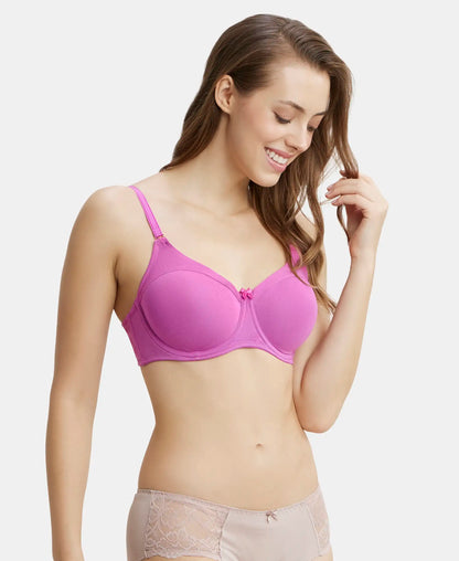 Under-Wired Padded Super Combed Cotton Elastane Stretch Full Coverage T-Shirt Bra with Stylised Mesh Panel - Lavender Scent
