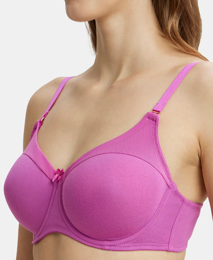 Under-Wired Padded Super Combed Cotton Elastane Stretch Full Coverage T-Shirt Bra with Stylised Mesh Panel - Lavender Scent
