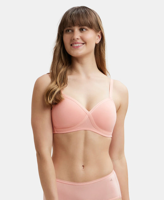 Wirefree Padded Super Combed Cotton Elastane Stretch Full Coverage T-Shirt Bra with Cross Over Fit - Candlelight Peach