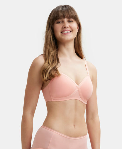 Wirefree Padded Super Combed Cotton Elastane Stretch Full Coverage T-Shirt Bra with Cross Over Fit - Candlelight Peach