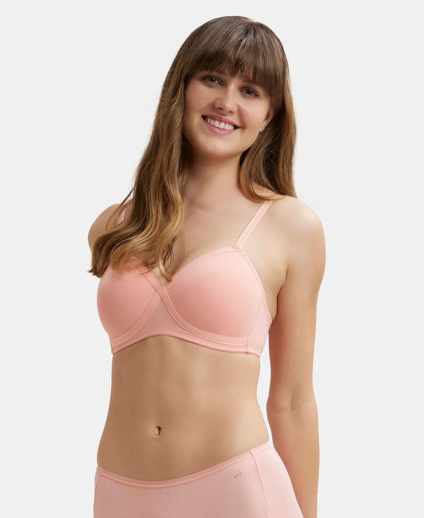Wirefree Padded Super Combed Cotton Elastane Stretch Full Coverage T-Shirt Bra with Cross Over Fit - Candlelight Peach