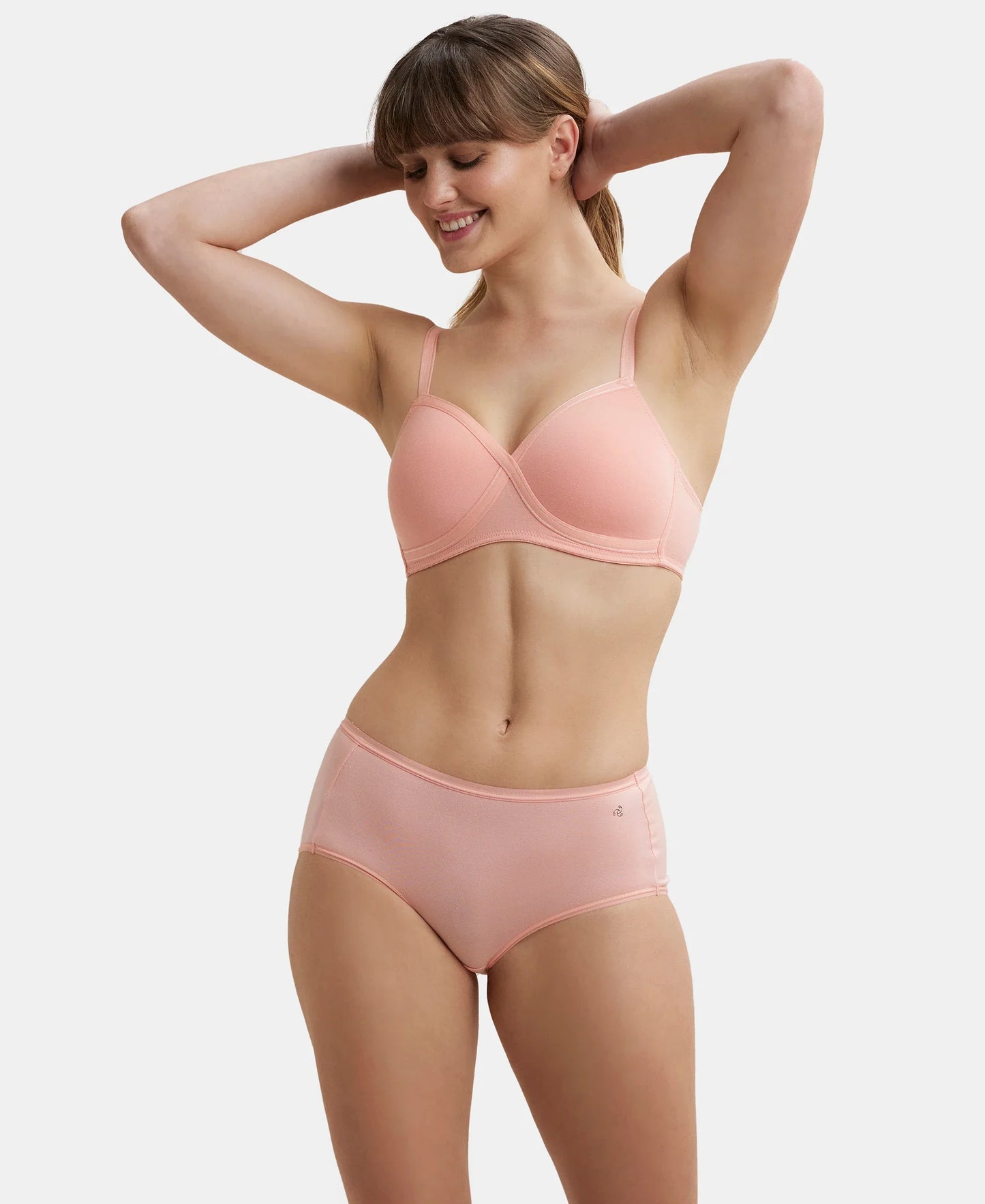 Wirefree Padded Super Combed Cotton Elastane Stretch Full Coverage T-Shirt Bra with Cross Over Fit - Candlelight Peach