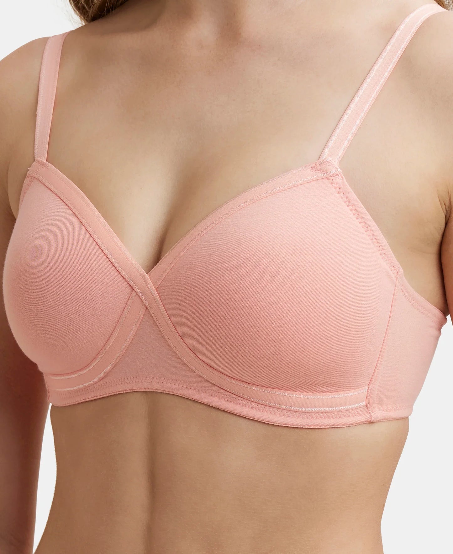 Wirefree Padded Super Combed Cotton Elastane Stretch Full Coverage T-Shirt Bra with Cross Over Fit - Candlelight Peach