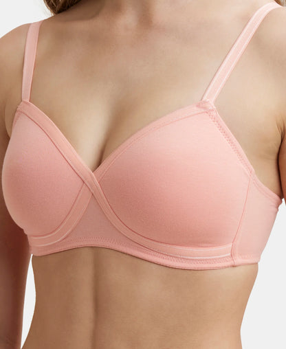 Wirefree Padded Super Combed Cotton Elastane Stretch Full Coverage T-Shirt Bra with Cross Over Fit - Candlelight Peach