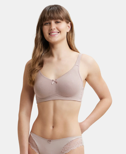 Wirefree Non Padded Super Combed Cotton Elastane Stretch Full Coverage Everyday Bra with Concealed Shaper Panel - Mocha