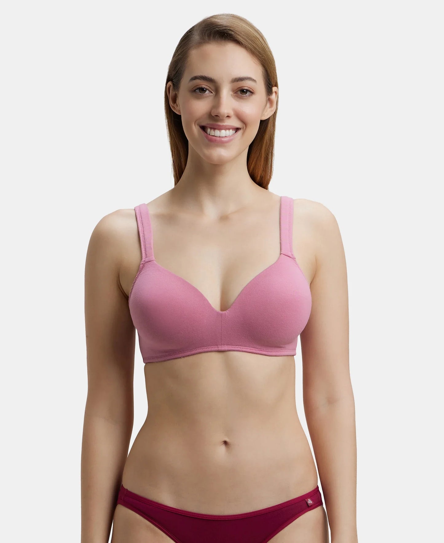 Wirefree Padded Super Combed Cotton Elastane Stretch Full Coverage Lounge Bra with Broad Cushioned Fabric Strap - Heather Rose