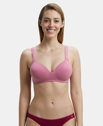 Wirefree Padded Super Combed Cotton Elastane Stretch Full Coverage Lounge Bra with Broad Cushioned Fabric Strap - Heather Rose