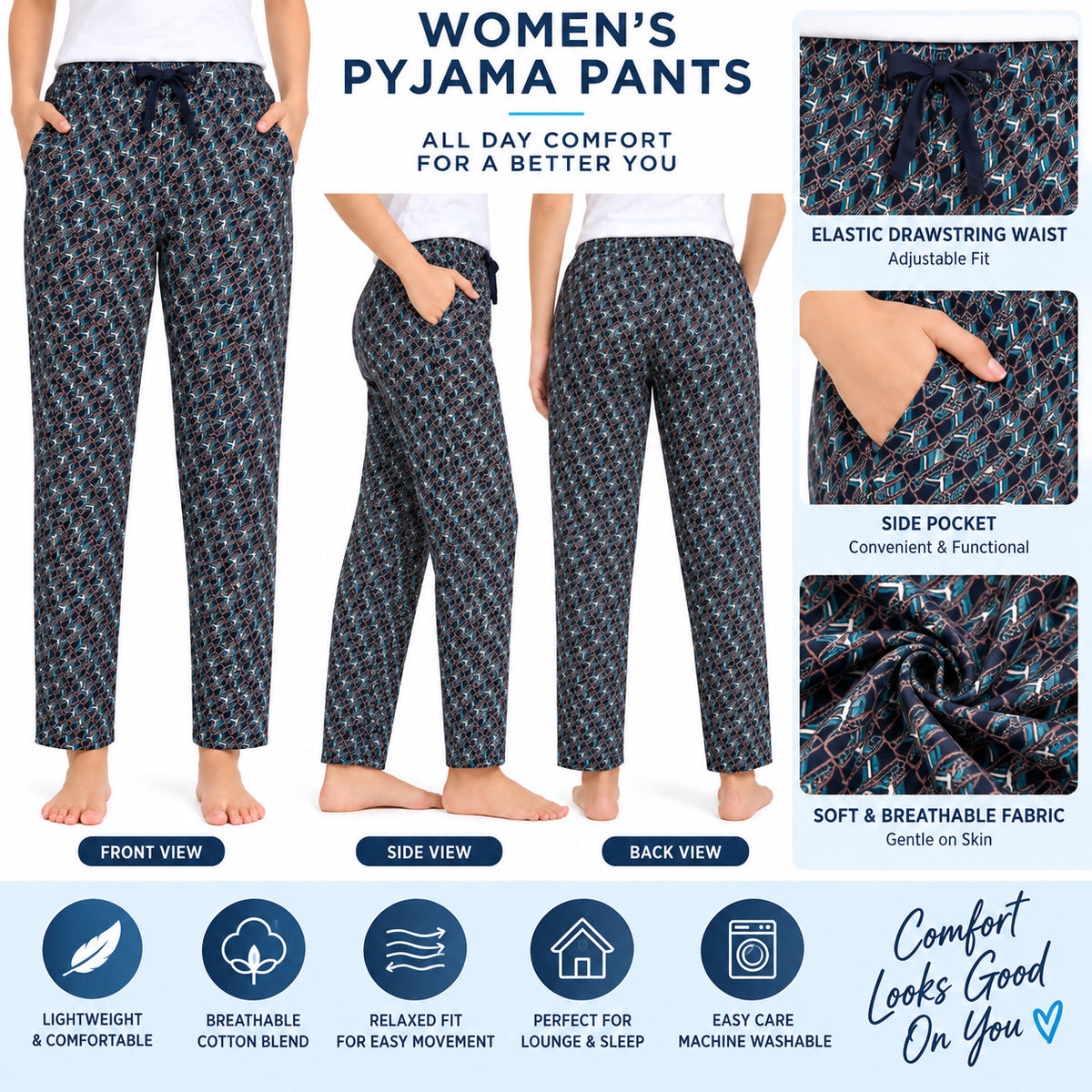 Women’s Printed Pyjama Pants |Print Lounge & Nightwear Bottoms | Elastic Drawstring Waist with Side Pocket | Regular Fit