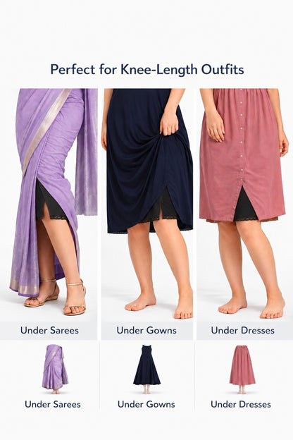 MYBODY Women's Cotton Mini Knee Length Under Skirt Half Slip Cotton Knit Mid Rise Elastic Waistband Side Slits for Movement