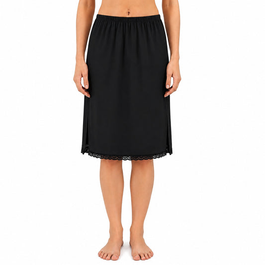 MYBODY Women's Cotton Mini Knee Length Under Skirt Half Slip Cotton Knit Mid Rise Elastic Waistband Side Slits for Movement