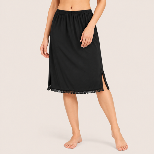 MYBODY Women's Cotton Mini Knee Length Under Skirt Half Slip Cotton Knit Mid Rise Elastic Waistband Side Slits for Movement