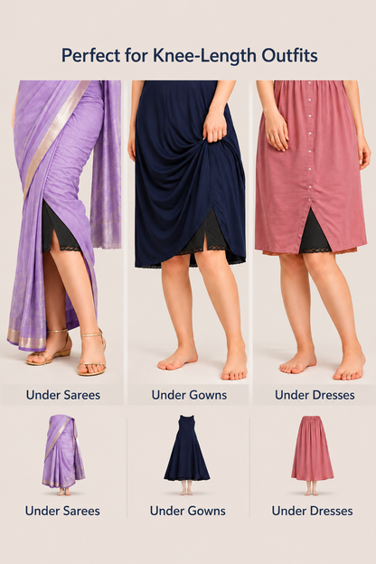 MYBODY Women's Cotton Mini Knee Length Under Skirt Half Slip Cotton Knit Mid Rise Elastic Waistband Side Slits for Movement