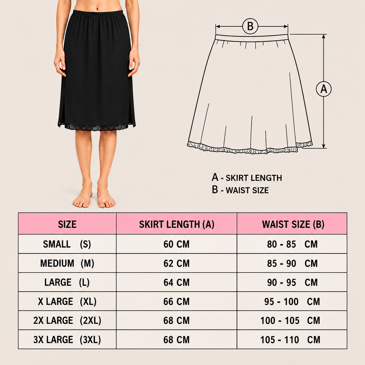 MYBODY Women's Cotton Mini Knee Length Under Skirt Half Slip Cotton Knit Mid Rise Elastic Waistband Side Slits for Movement